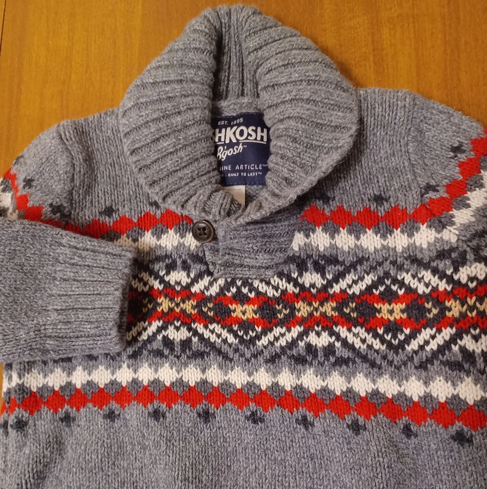 OshKosh B'Gosh Gray Knit Sweater Baby 12M Western Aztec Geometric 100% Cotton